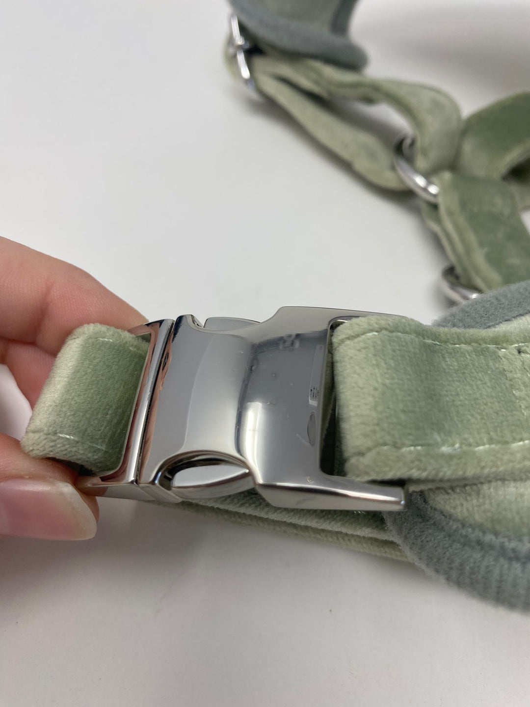 Outlet - SMALL SAGE MIST - GREEN VELVET DOG HARNESS WITH SILVER METAL HARDWARE - 0075